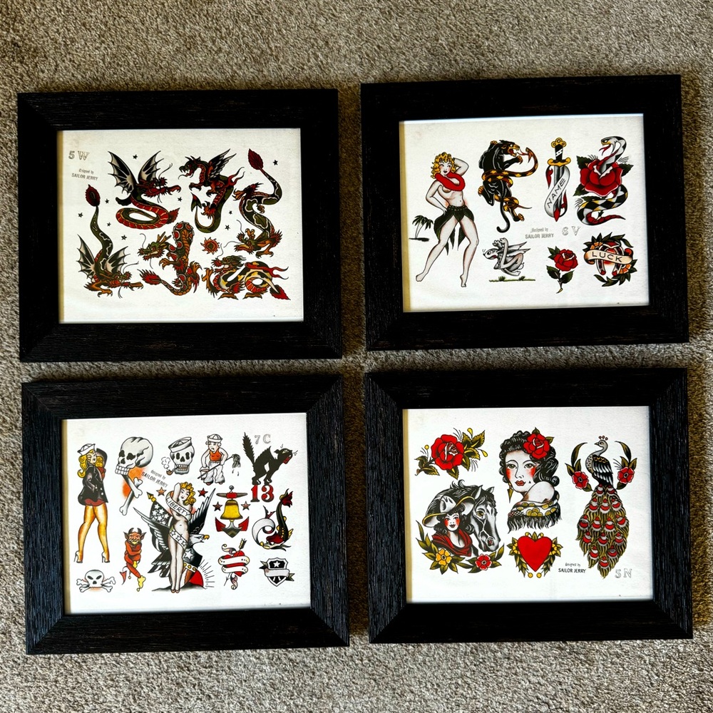 Set of 4 framed Sailor Jerry flash